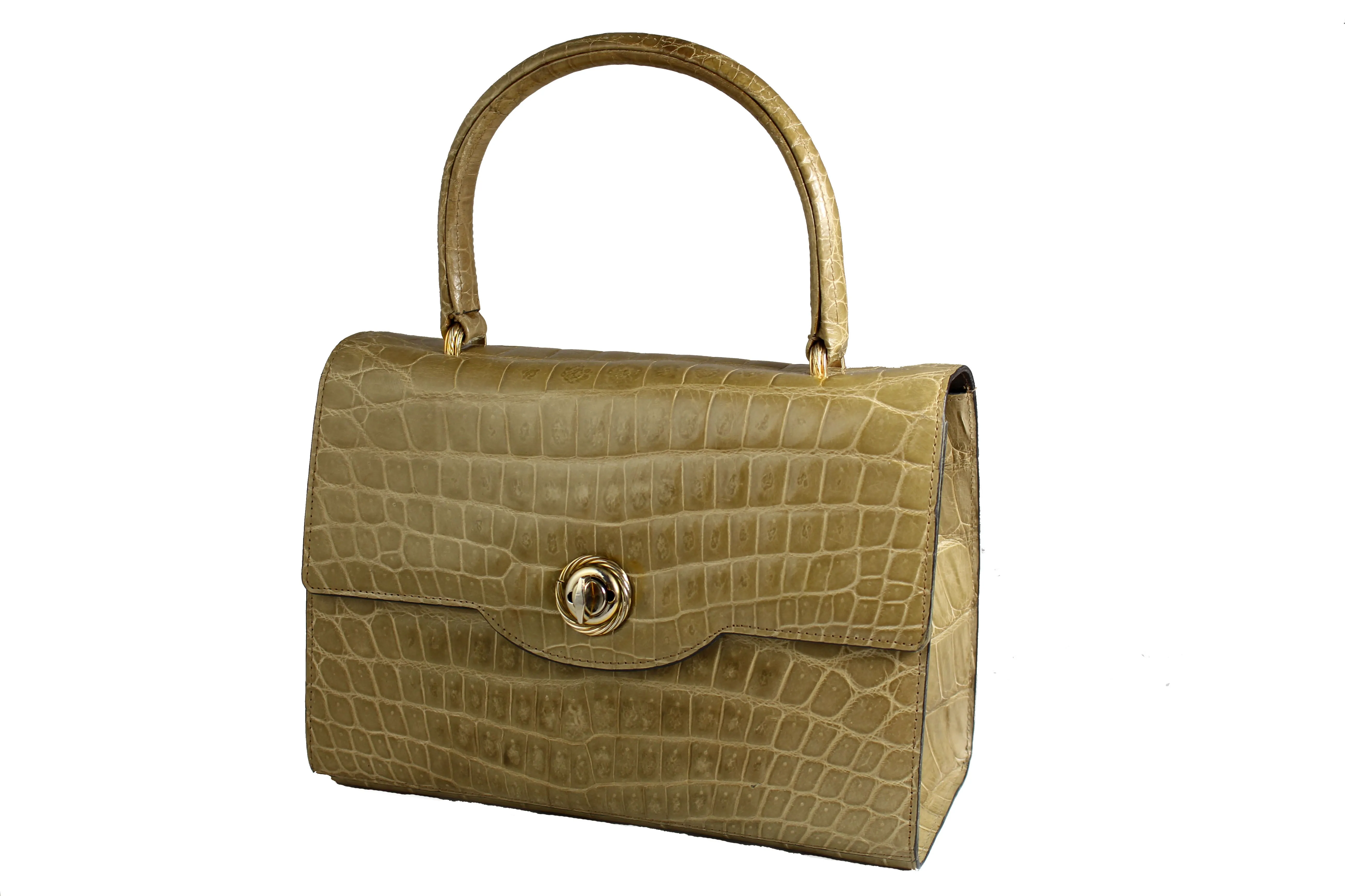 Toasted beige crocodile skin handbag with flap and single handle