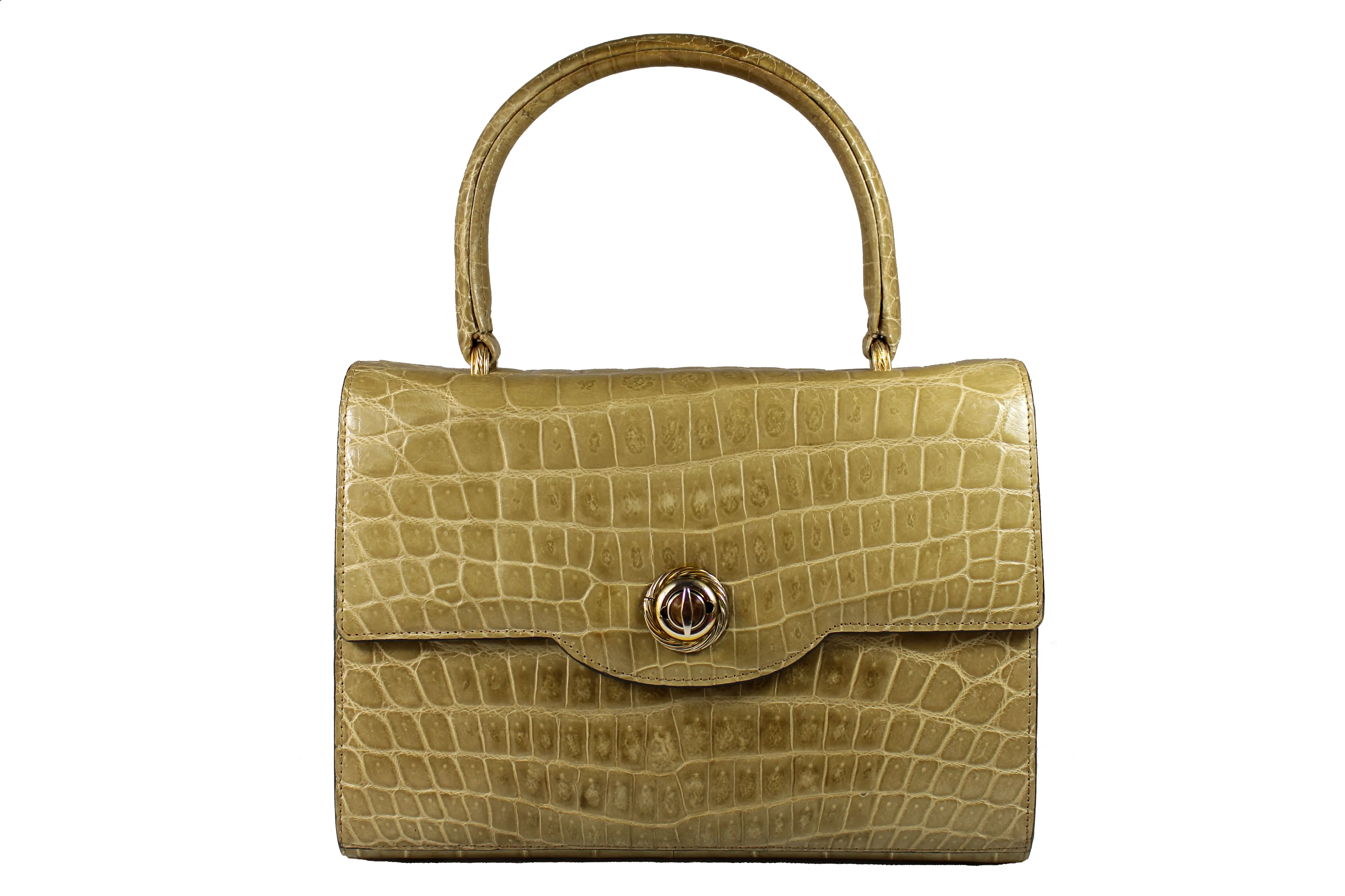 Toasted beige crocodile skin handbag with flap and single handle