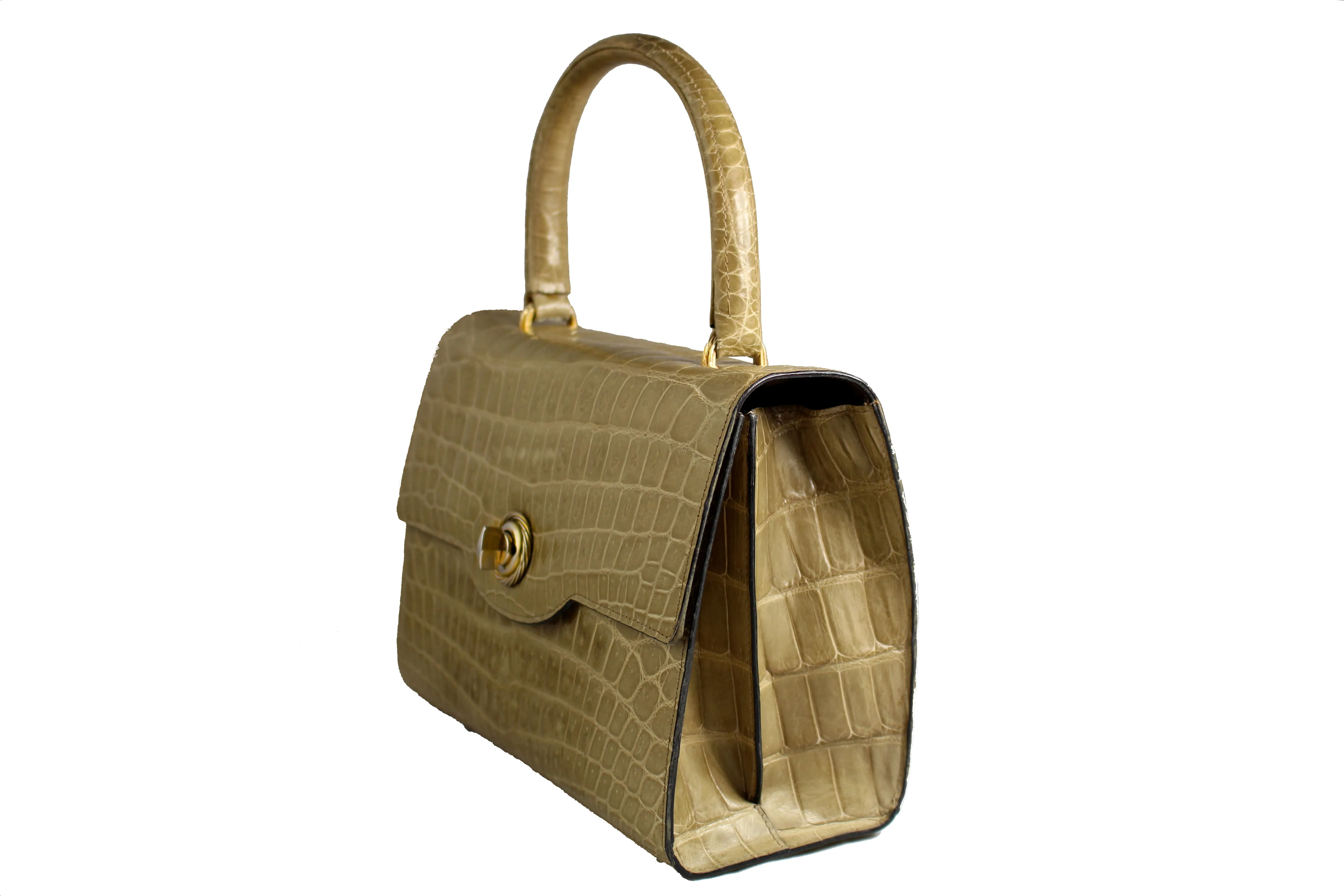Toasted beige crocodile skin handbag with flap and single handle
