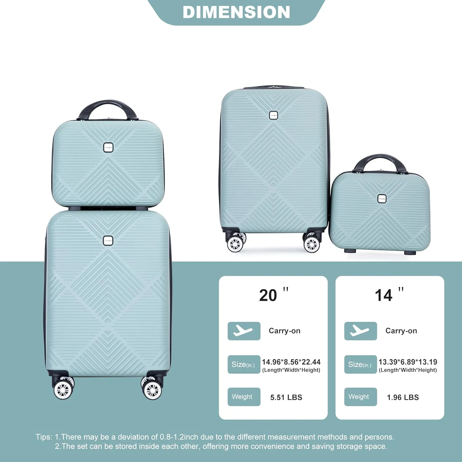 Travelhouse Tripcomp 2 Piece Hardside Carry on Luggage Set, Airline Approved 20 Inch Luggage with Cosmetic Hardshell Suitcase with Spinner Wheel