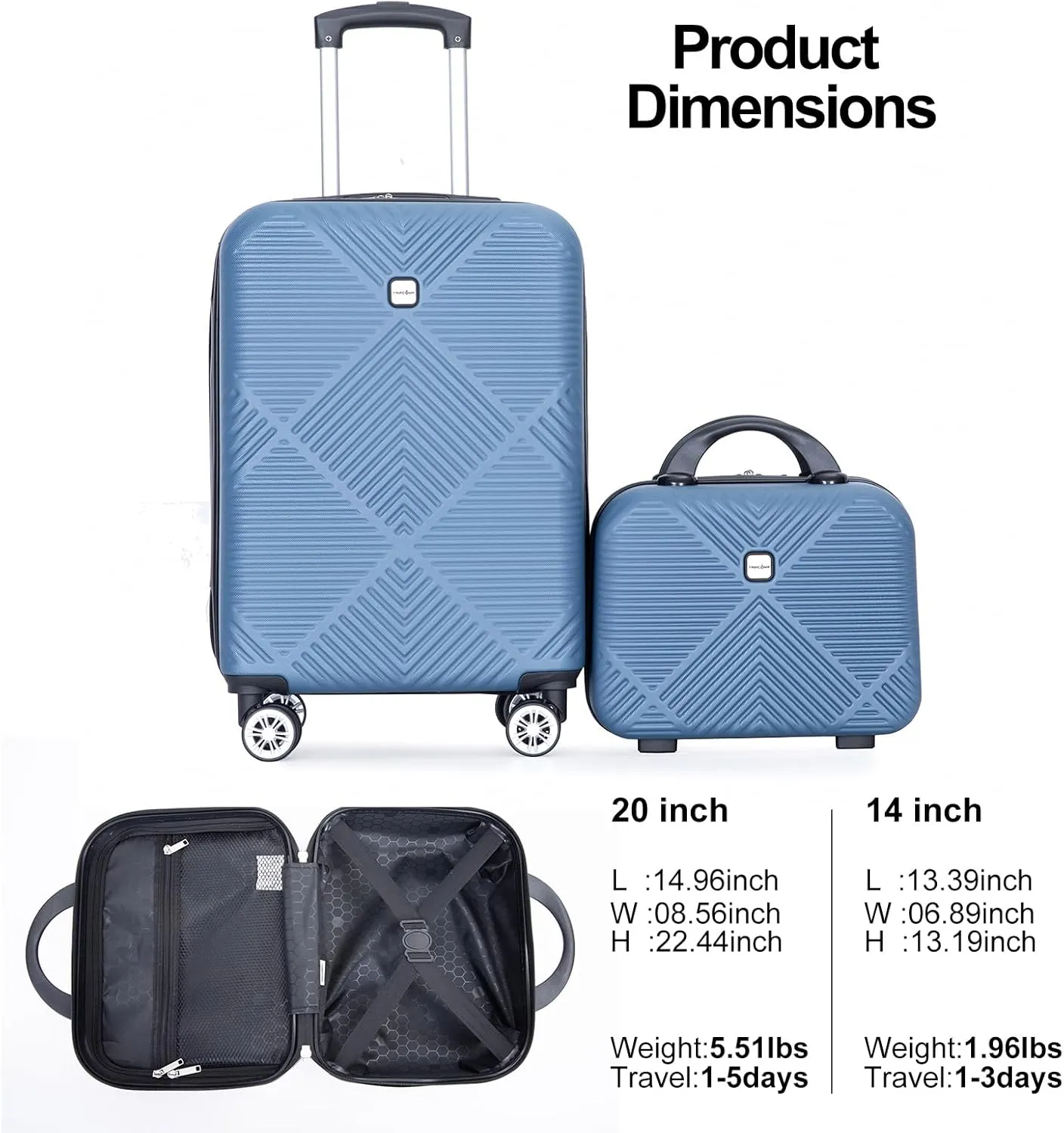 Tripcomp 2 Piece Carry on Luggage Set, Airline Approved 20 Inch Luggage with Cosmetic Case HardShell Suitcase with Spinner Wheels, Lightweight Durable Hardside Suitcases Set, Blue, 2-piece set, 2