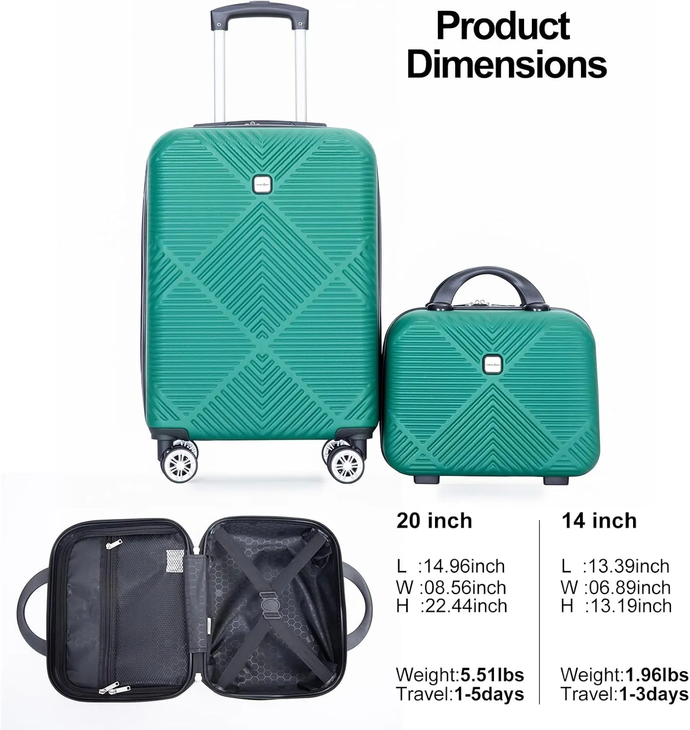 Tripcomp 2 Piece Carry on Luggage Set, Airline Approved 20 Inch Luggage with Cosmetic Case HardShell Suitcase with Spinner Wheels, Lightweight Durable Hardside Suitcases Set, Dark Green, 2-piece set,