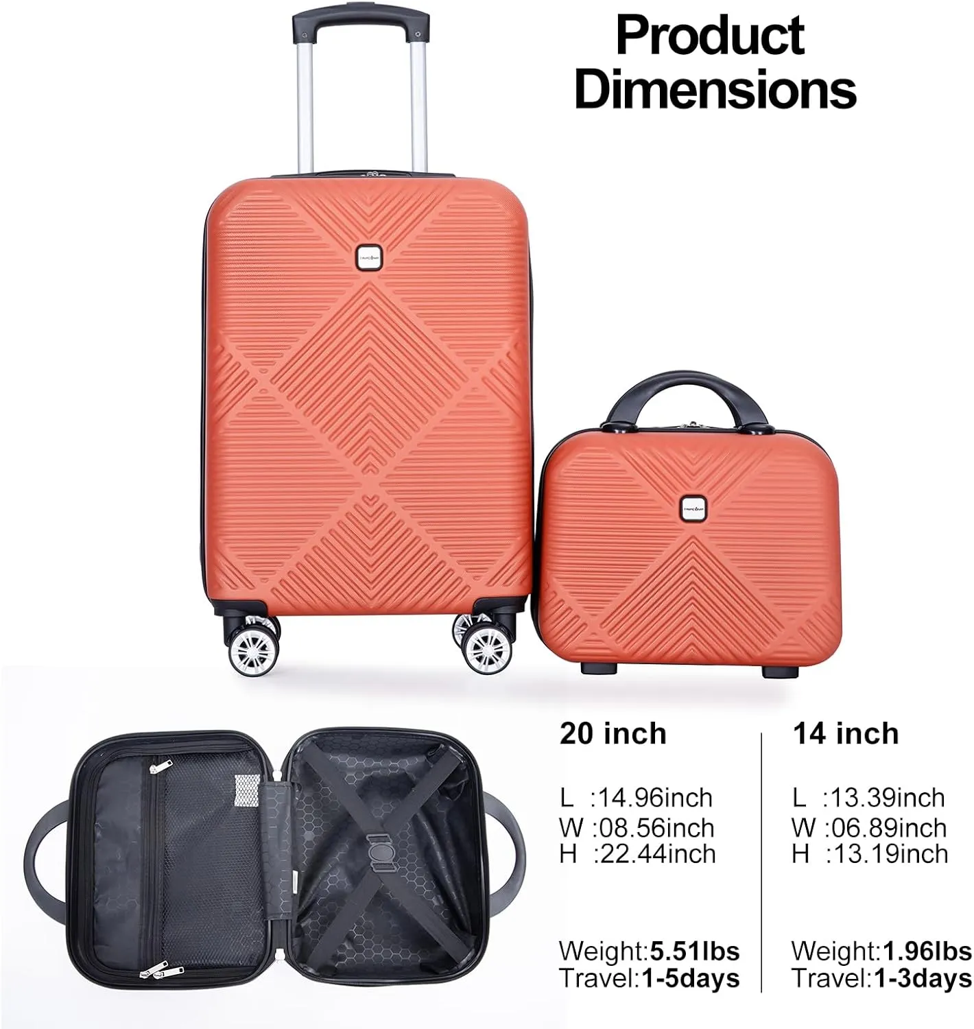 Tripcomp 2 Piece Carry on Luggage Set, Airline Approved 20 Inch Luggage with Cosmetic Case HardShell Suitcase with Spinner Wheels, Lightweight Durable Hardside Suitcases Set, Orange, 2-piece set, 2
