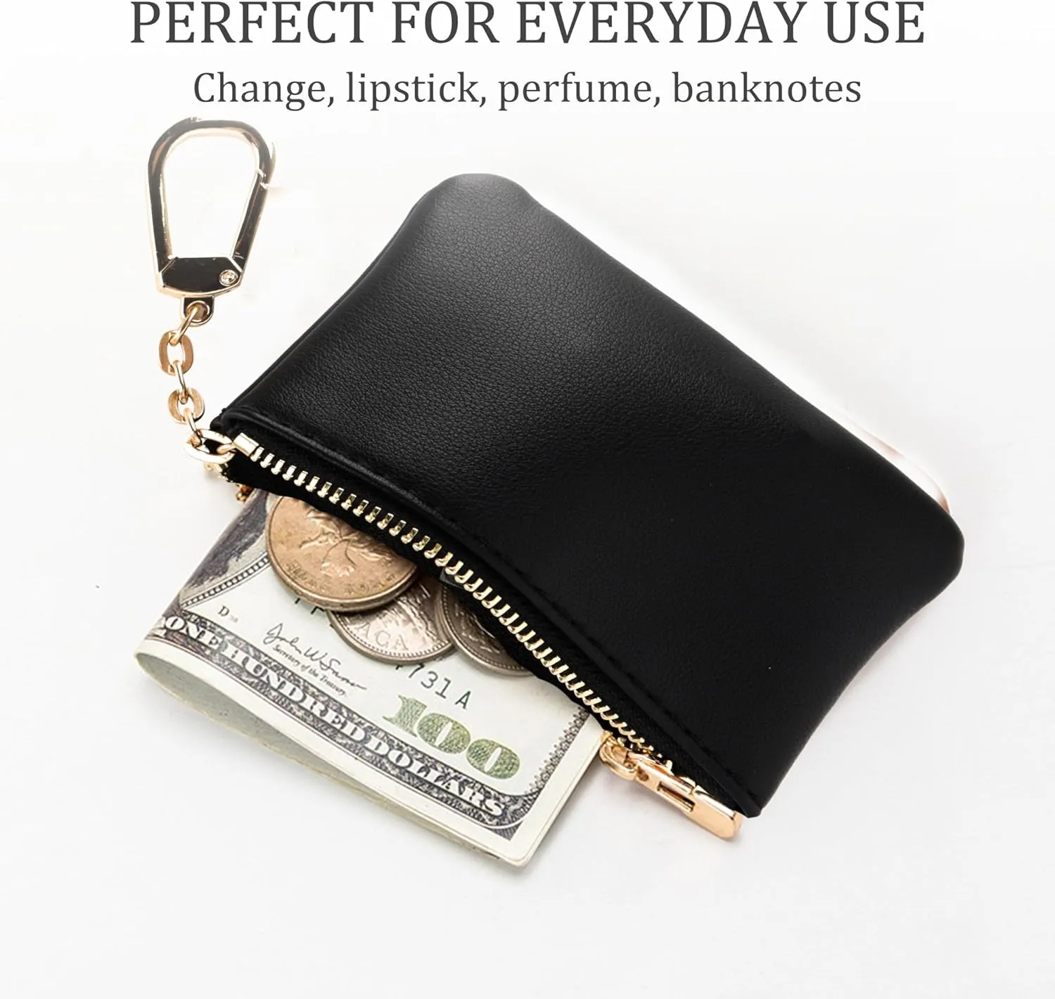 Veki Coin Purse Change Mini Purse Wallet With Key Chain Ring Zipper for Men Women Fashionable Bag Key Chain Pendant Leather Classic Clutch Purse (Solid color-Black)