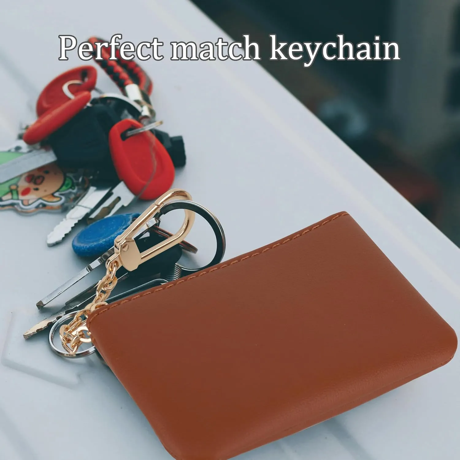Veki Coin Purse Change Mini Purse Wallet With Key Chain Ring Zipper for Men Women Fashionable Bag Key Chain Pendant Leather Classic Clutch Purse (Solid color-Brown)