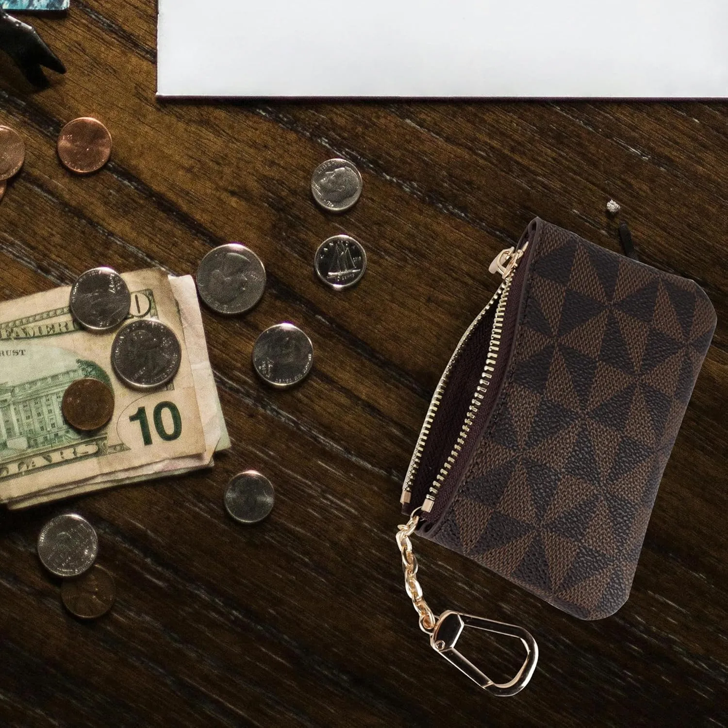 Veki Coin Purse Change Mini Purse Wallet With Key Chain Ring Zipper for Men Women Fashionable Bag Key Chain Pendant Leather Classic Clutch Purse(Brown)